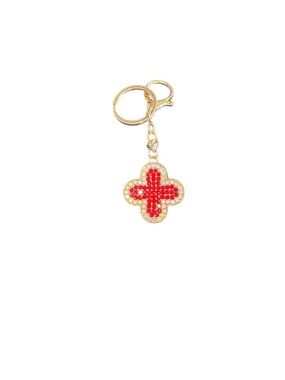 Gold Tone Keychain with Red Crystal Clover Charm